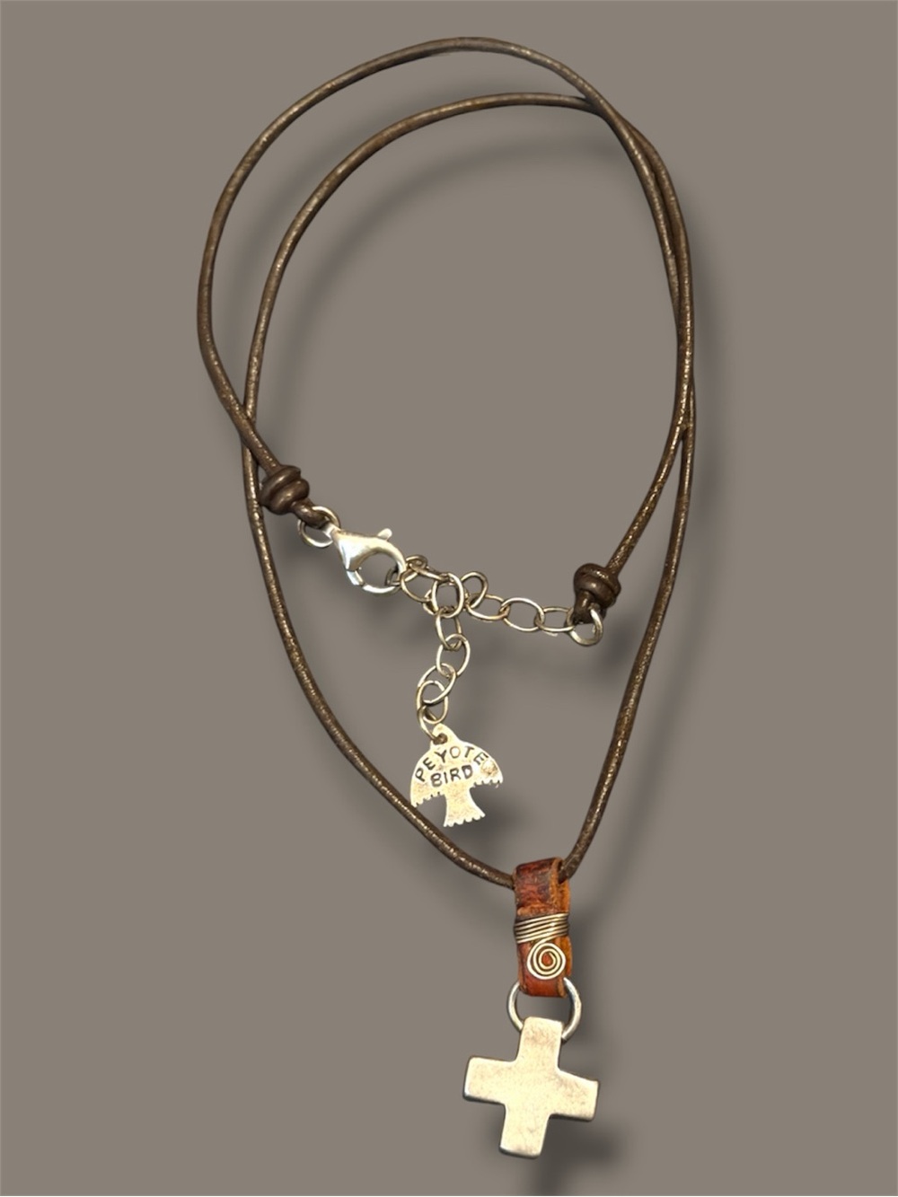 Peyote Bird Designs Silver Cross Necklace on Leather Cord - Southwestern Artisan